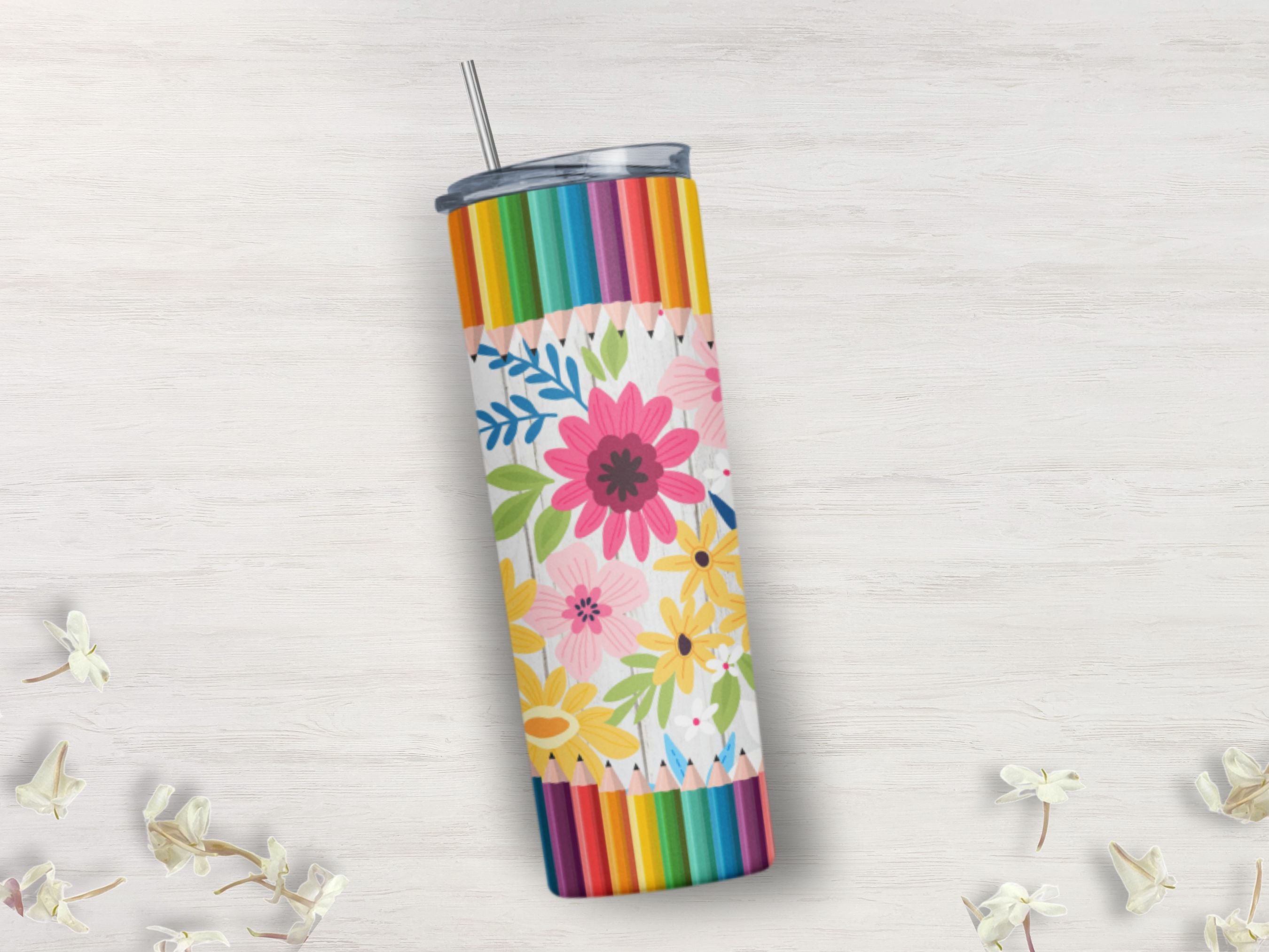Floral Pencil Teacher Skinny Tumbler | Straight Mug | Hot Cold Drinks | Travel Cup Bottle