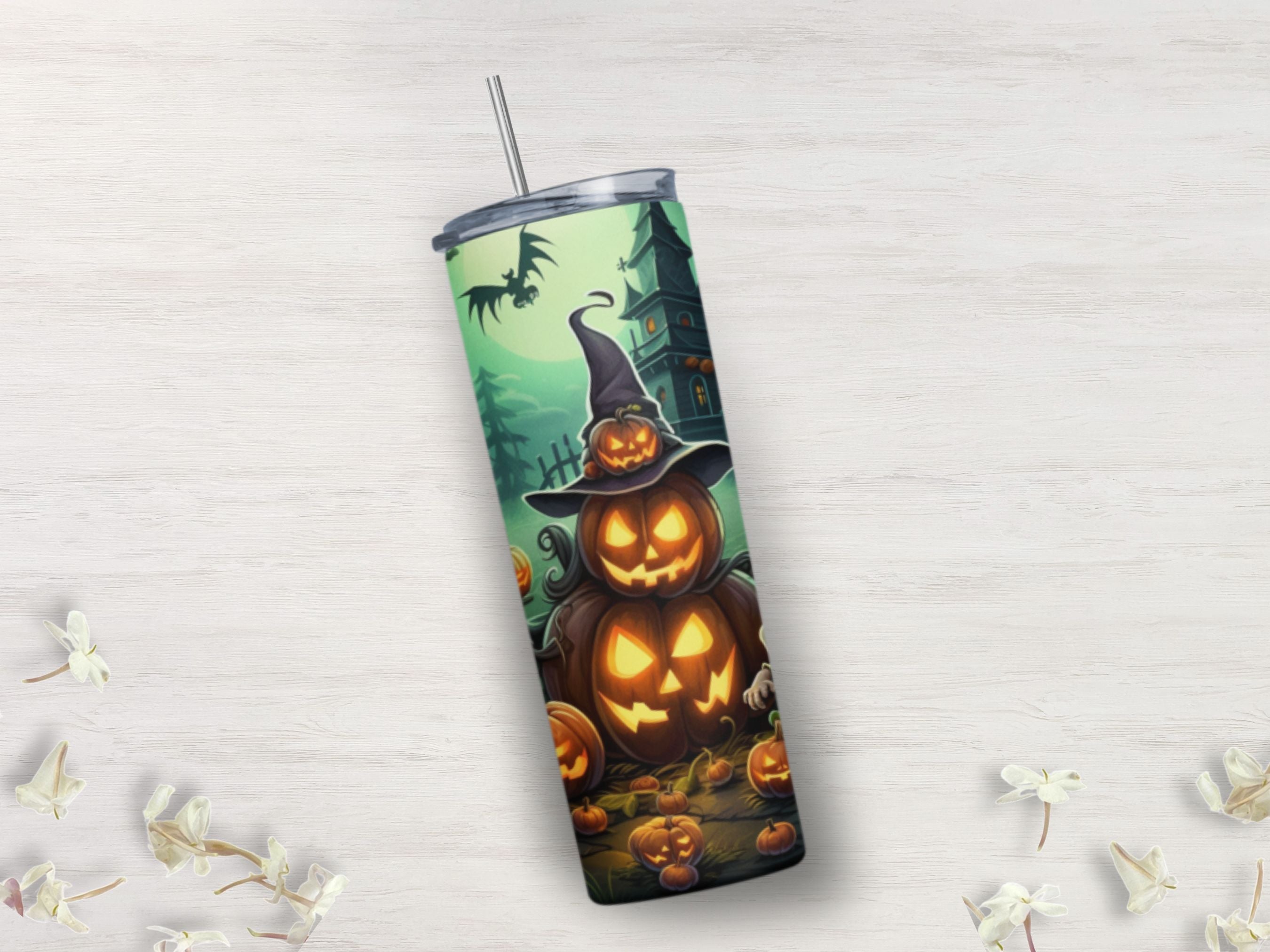 Scary Crow Pumpkin Skinny Tumbler 20 oz | Hot Cold Drinks | Travel Cup Bottle