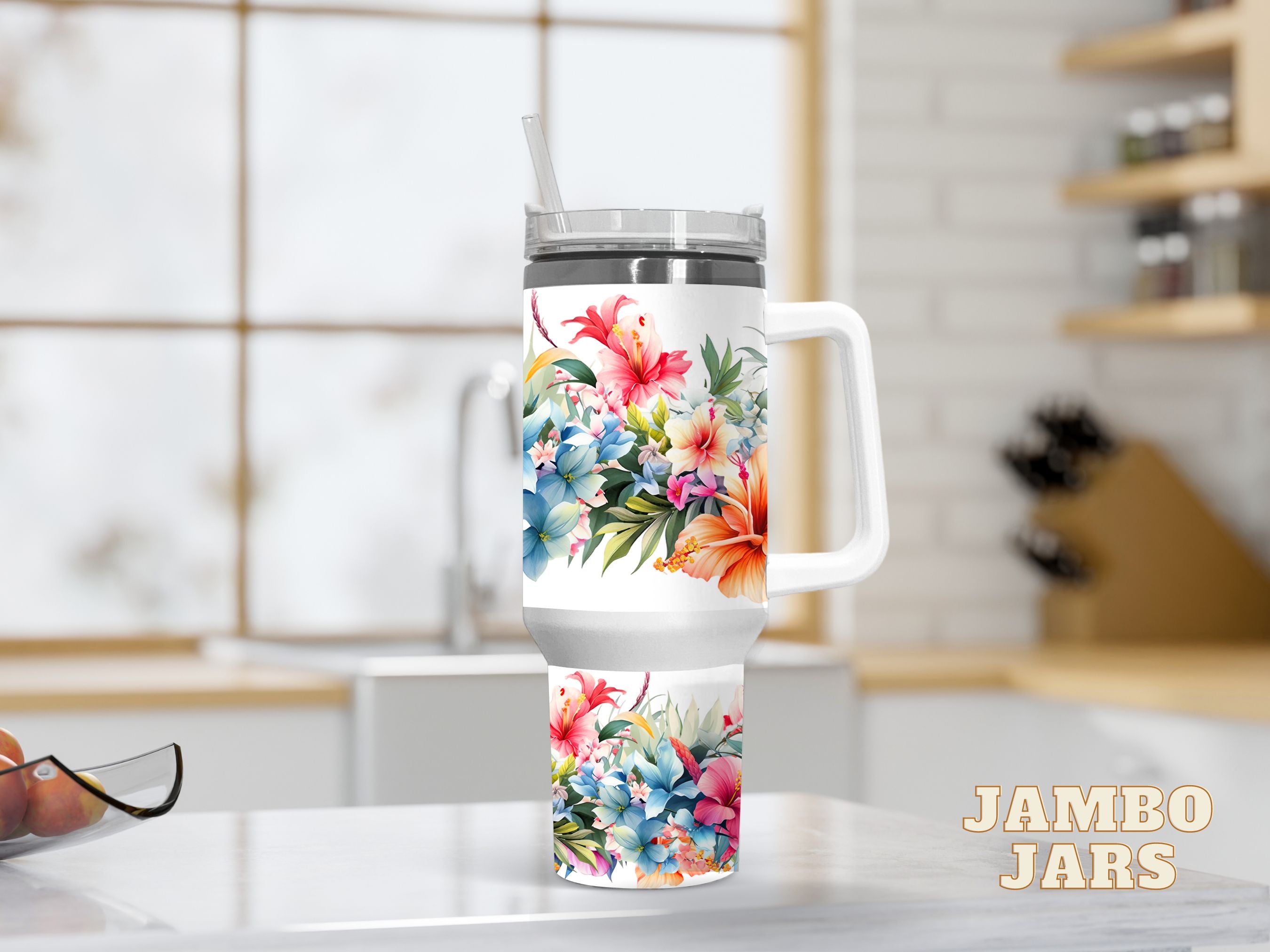 40oz Tropical Floral Handled Tumbler (Summer Launch)