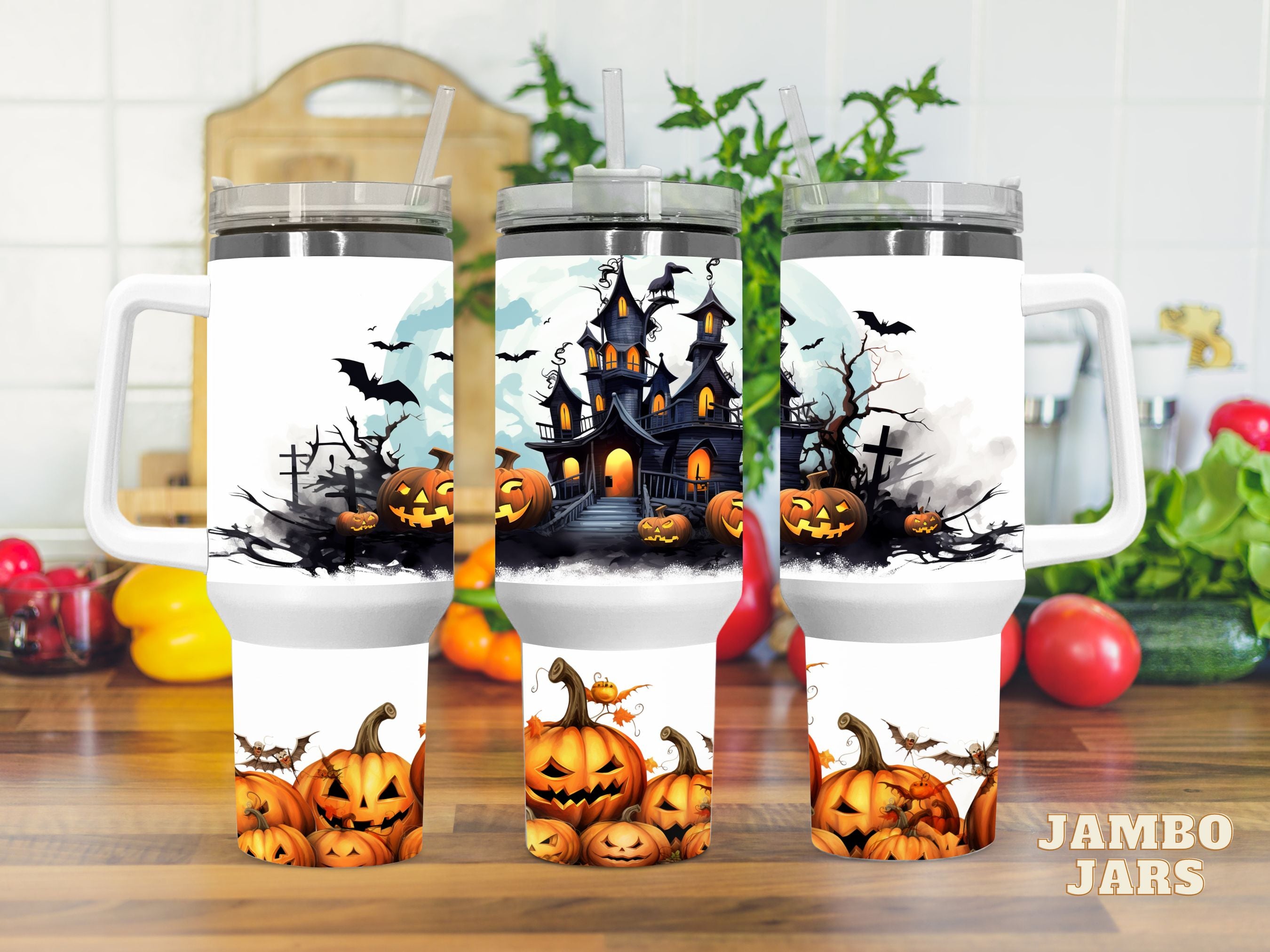 Halloween Haunted House 40 oz Tumbler with Handle | Hot Cold Drinks | Travel Quencher Bottle | Stanley